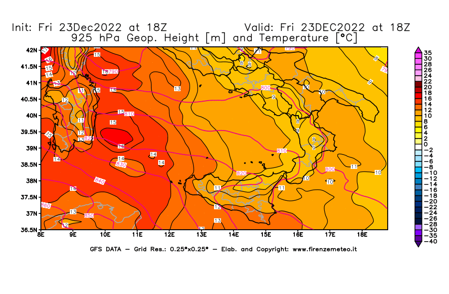 Mappa di analisi GFS - Geopotenziale [m] e Temperatura [°C] a 925 hPa in Sud-Italia
							del 23/12/2022 18 <!--googleoff: index-->UTC<!--googleon: index-->