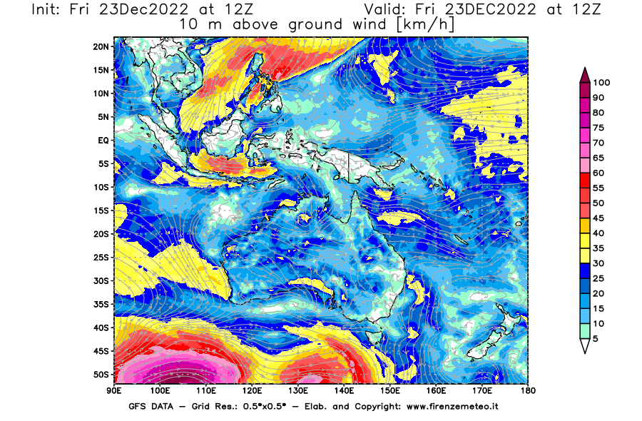 Mappa di analisi GFS - Velocità del vento a 10 metri dal suolo in Oceania
							del 23 dicembre 2022 z12