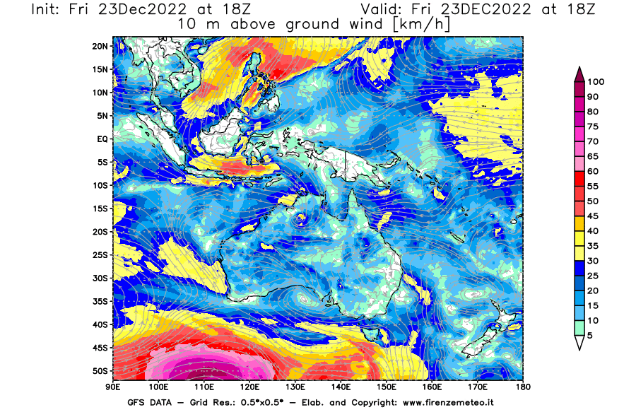 Mappa di analisi GFS - Velocità del vento a 10 metri dal suolo in Oceania
							del 23 dicembre 2022 z18