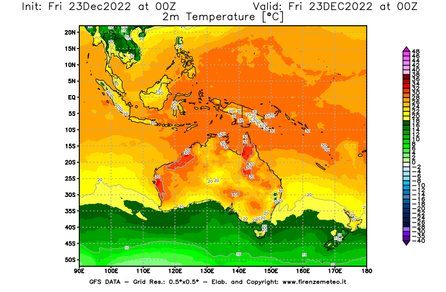Mappa di analisi GFS - Temperatura a 2 metri dal suolo [°C] in Oceania
							del 23/12/2022 00 <!--googleoff: index-->UTC<!--googleon: index-->