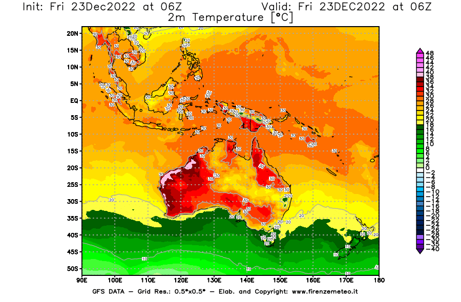 Mappa di analisi GFS - Temperatura a 2 metri dal suolo in Oceania
							del 23 dicembre 2022 z06