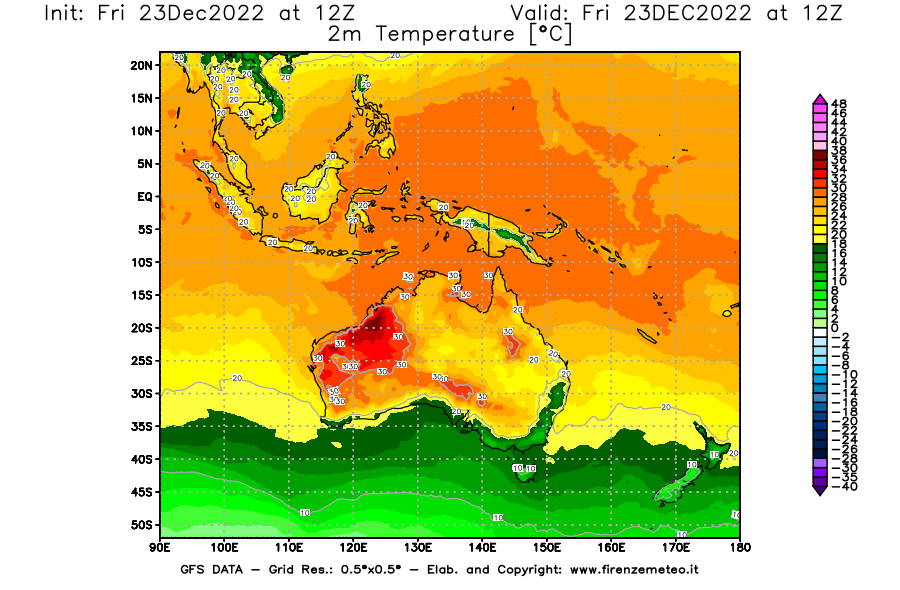 Mappa di analisi GFS - Temperatura a 2 metri dal suolo [°C] in Oceania
							del 23/12/2022 12 <!--googleoff: index-->UTC<!--googleon: index-->