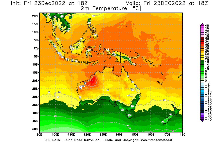 Mappa di analisi GFS - Temperatura a 2 metri dal suolo [°C] in Oceania
							del 23/12/2022 18 <!--googleoff: index-->UTC<!--googleon: index-->