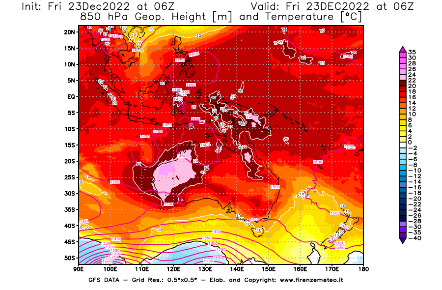 Mappa di analisi GFS - Geopotenziale [m] e Temperatura [°C] a 850 hPa in Oceania
							del 23/12/2022 06 <!--googleoff: index-->UTC<!--googleon: index-->