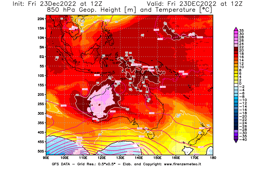Mappa di analisi GFS - Geopotenziale [m] e Temperatura [°C] a 850 hPa in Oceania
							del 23/12/2022 12 <!--googleoff: index-->UTC<!--googleon: index-->