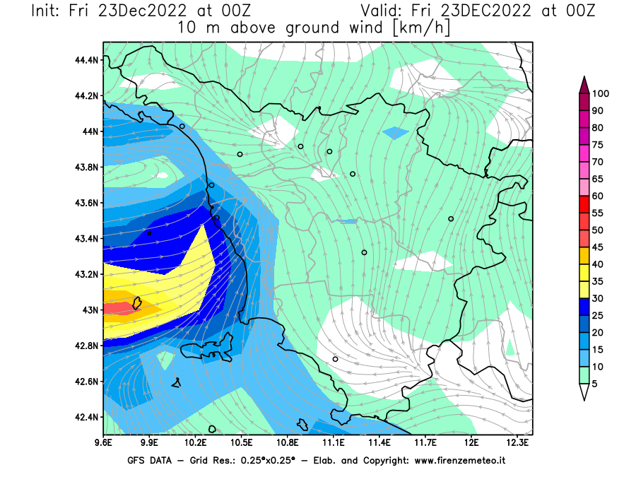 Mappa di analisi GFS - Velocità del vento a 10 metri dal suolo [km/h] in Toscana
							del 23/12/2022 00 <!--googleoff: index-->UTC<!--googleon: index-->