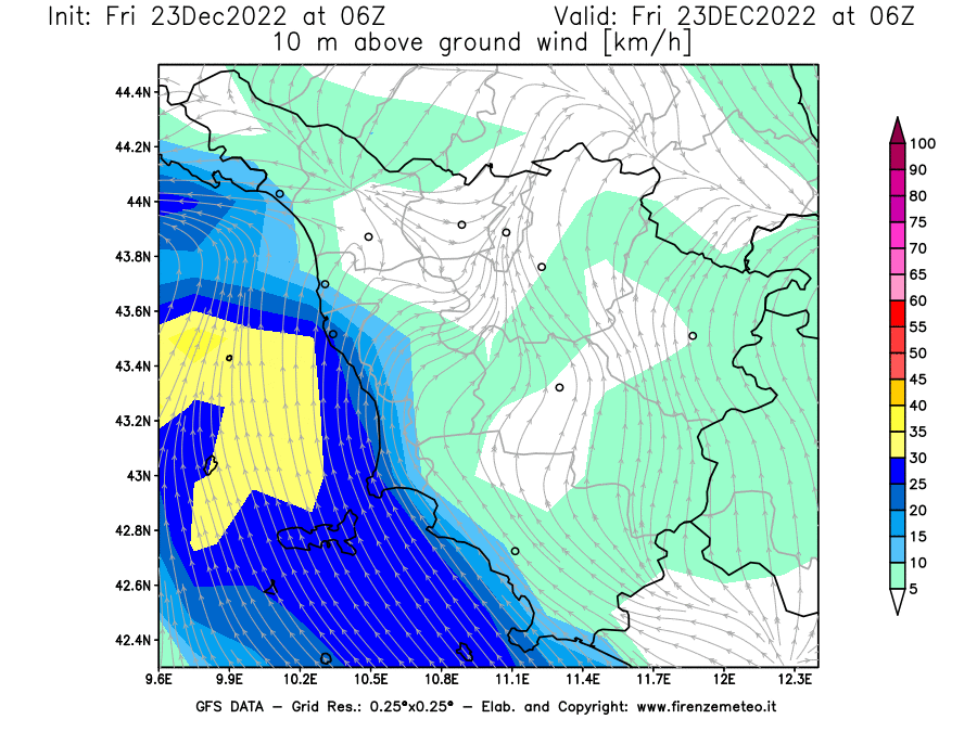 Mappa di analisi GFS - Velocità del vento a 10 metri dal suolo [km/h] in Toscana
							del 23/12/2022 06 <!--googleoff: index-->UTC<!--googleon: index-->