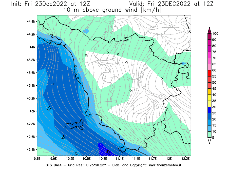 Mappa di analisi GFS - Velocità del vento a 10 metri dal suolo [km/h] in Toscana
							del 23/12/2022 12 <!--googleoff: index-->UTC<!--googleon: index-->
