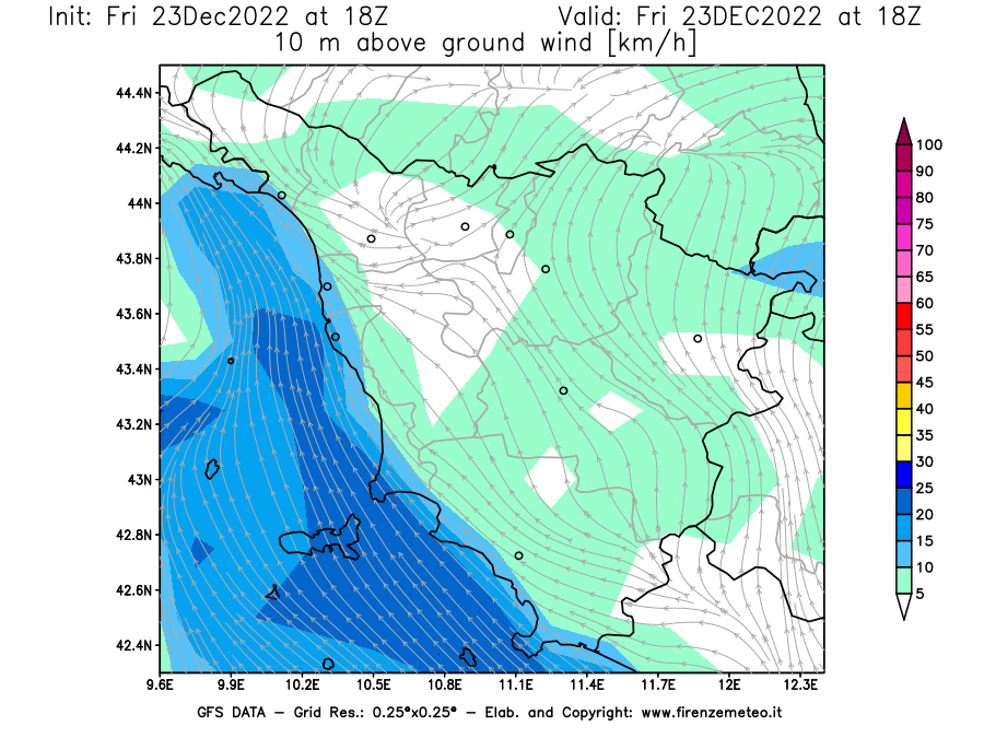 Mappa di analisi GFS - Velocità del vento a 10 metri dal suolo [km/h] in Toscana
							del 23/12/2022 18 <!--googleoff: index-->UTC<!--googleon: index-->