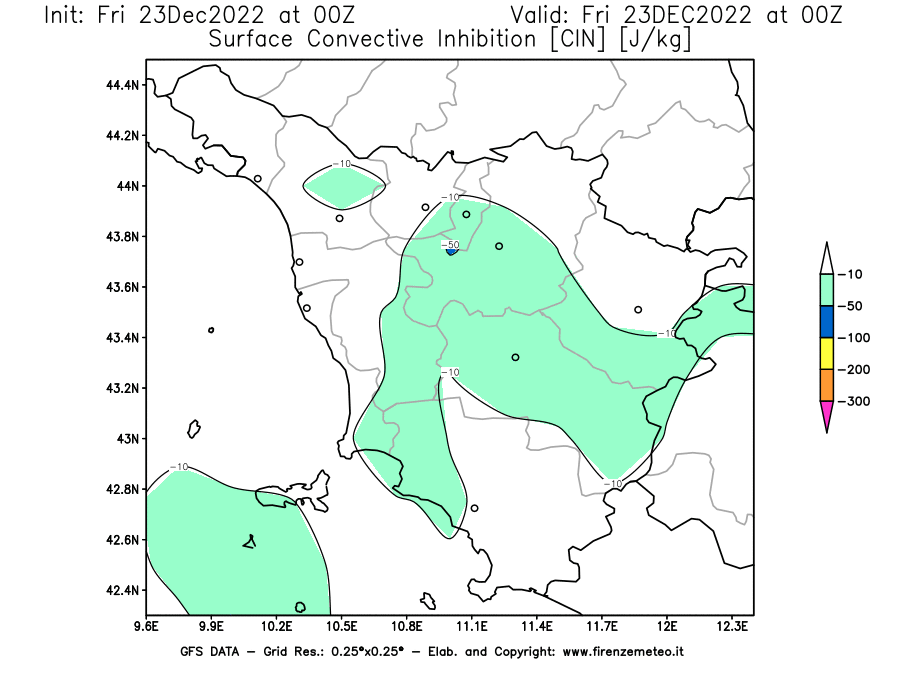 Mappa di analisi GFS - CIN [J/kg] in Toscana
							del 23/12/2022 00 <!--googleoff: index-->UTC<!--googleon: index-->
