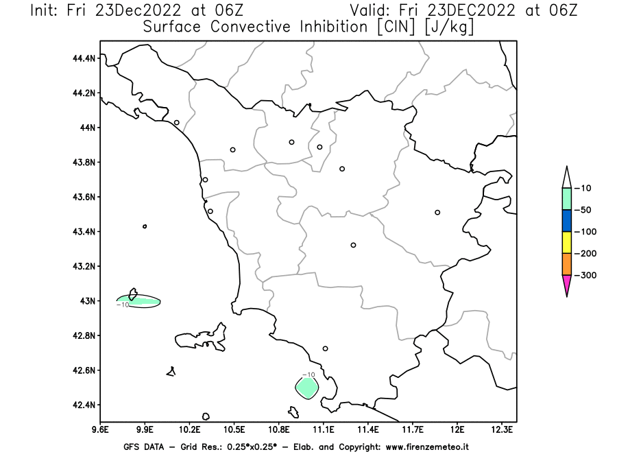 Mappa di analisi GFS - CIN [J/kg] in Toscana
							del 23/12/2022 06 <!--googleoff: index-->UTC<!--googleon: index-->