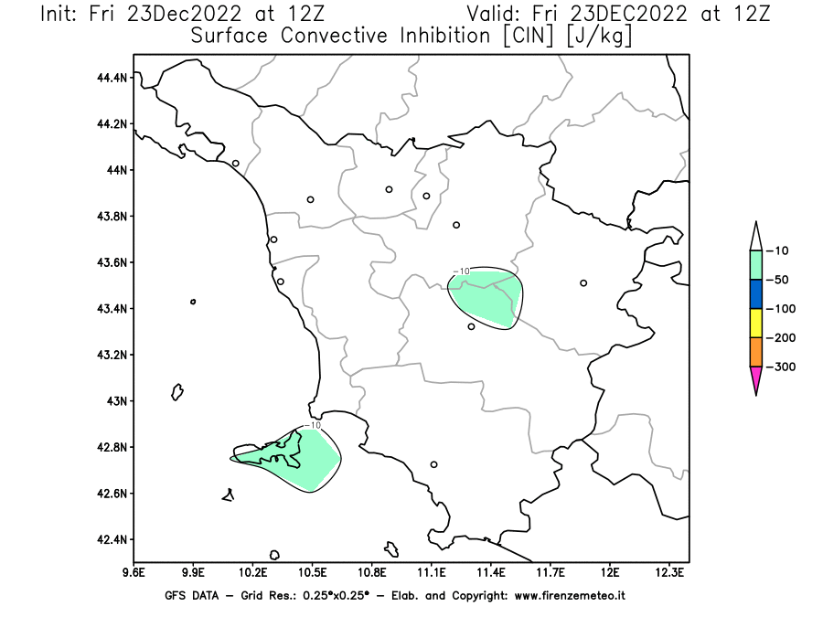 Mappa di analisi GFS - CIN [J/kg] in Toscana
							del 23/12/2022 12 <!--googleoff: index-->UTC<!--googleon: index-->