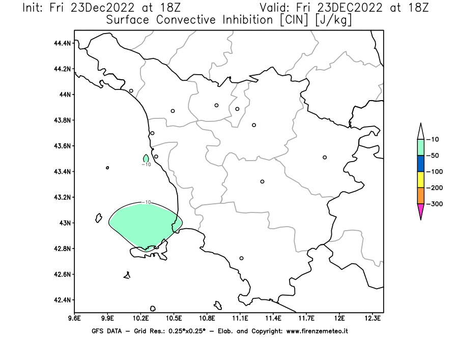 Mappa di analisi GFS - CIN [J/kg] in Toscana
							del 23/12/2022 18 <!--googleoff: index-->UTC<!--googleon: index-->