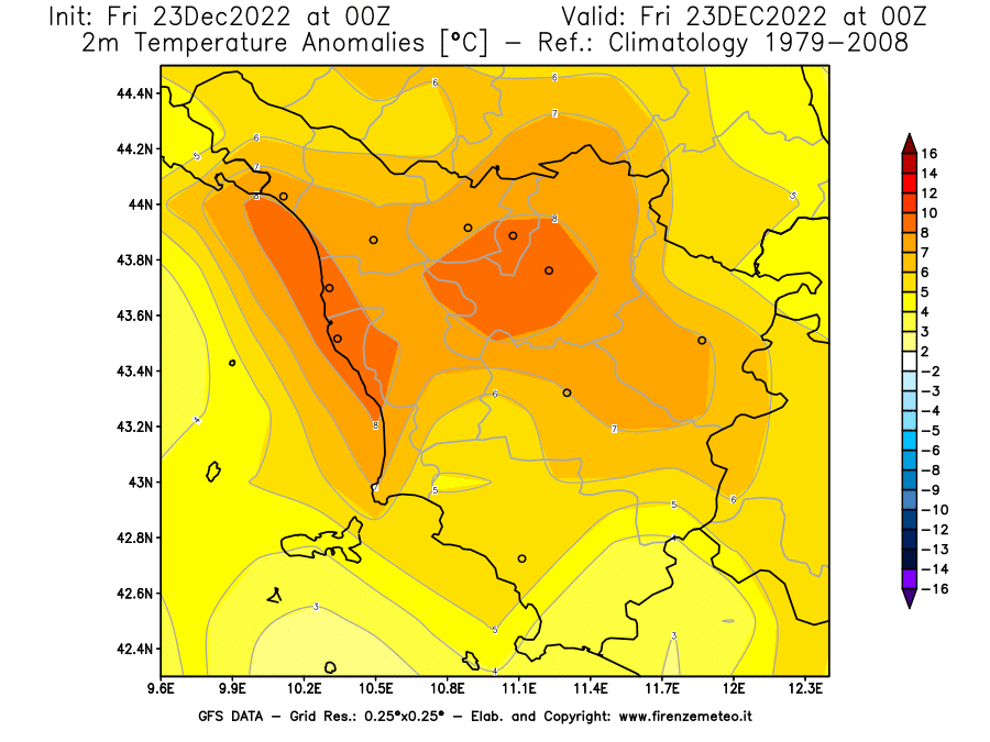 Mappa di analisi GFS - Anomalia Temperatura a 2 m in Toscana
							del 23 dicembre 2022 z00