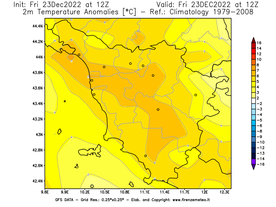 Mappa di analisi GFS - Anomalia Temperatura [°C] a 2 m in Toscana
							del 23/12/2022 12 <!--googleoff: index-->UTC<!--googleon: index-->