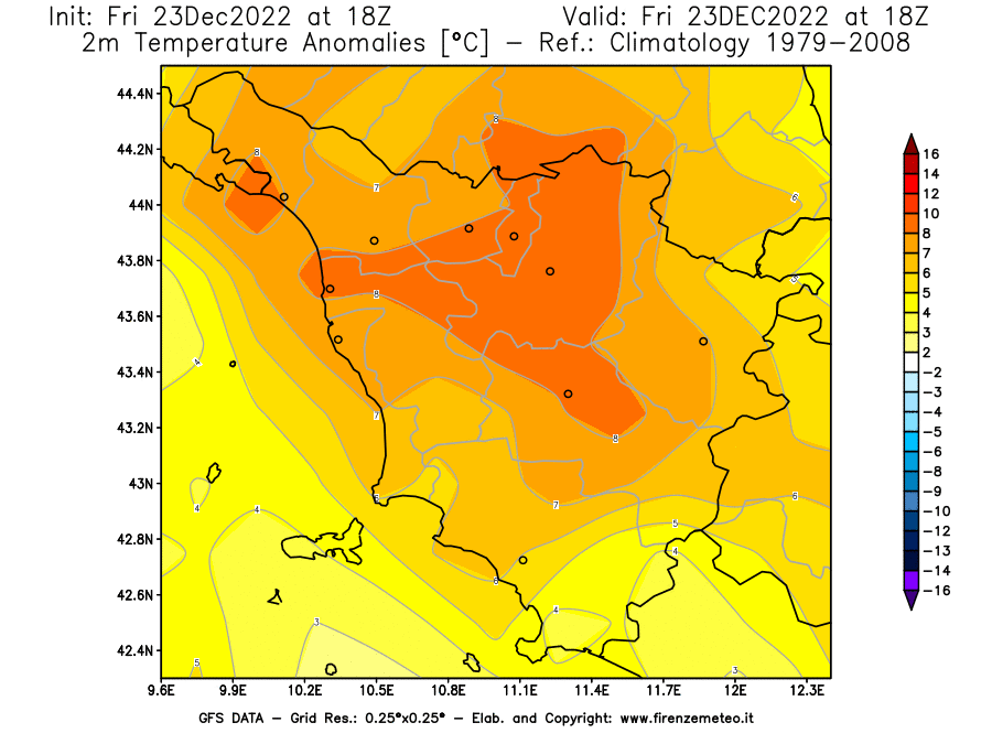 Mappa di analisi GFS - Anomalia Temperatura [°C] a 2 m in Toscana
							del 23/12/2022 18 <!--googleoff: index-->UTC<!--googleon: index-->