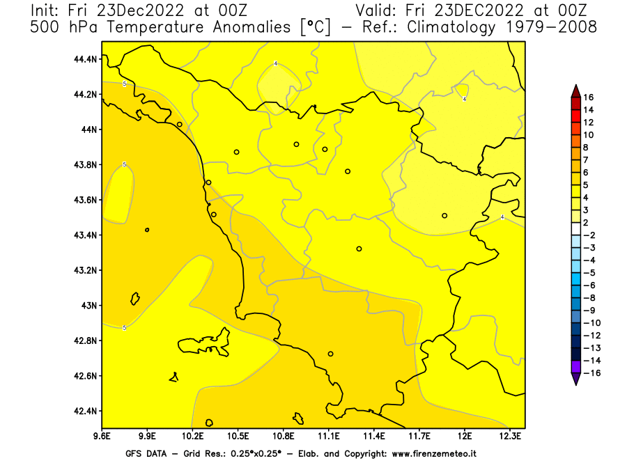 Mappa di analisi GFS - Anomalia Temperatura a 500 hPa in Toscana
							del 23 dicembre 2022 z00