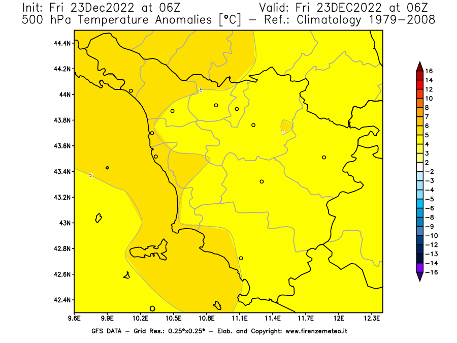 Mappa di analisi GFS - Anomalia Temperatura [°C] a 500 hPa in Toscana
							del 23/12/2022 06 <!--googleoff: index-->UTC<!--googleon: index-->