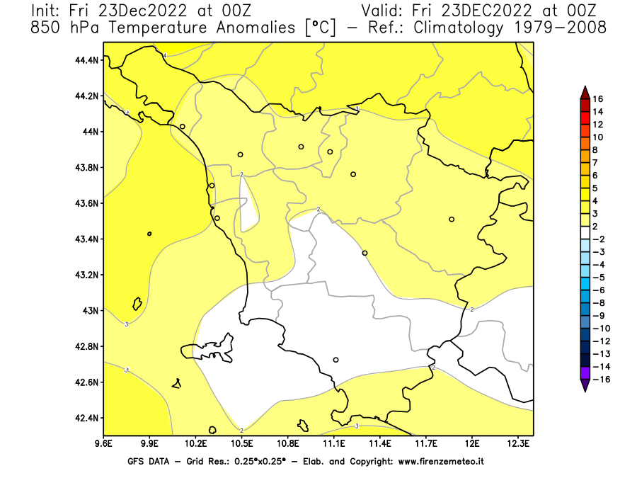 Mappa di analisi GFS - Anomalia Temperatura [°C] a 850 hPa in Toscana
							del 23/12/2022 00 <!--googleoff: index-->UTC<!--googleon: index-->