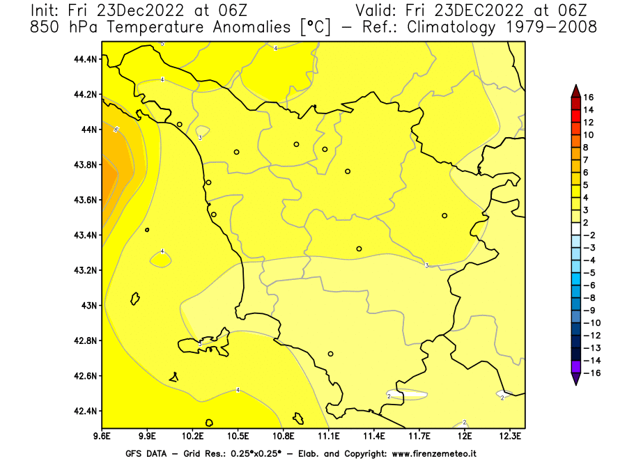 Mappa di analisi GFS - Anomalia Temperatura [°C] a 850 hPa in Toscana
							del 23/12/2022 06 <!--googleoff: index-->UTC<!--googleon: index-->