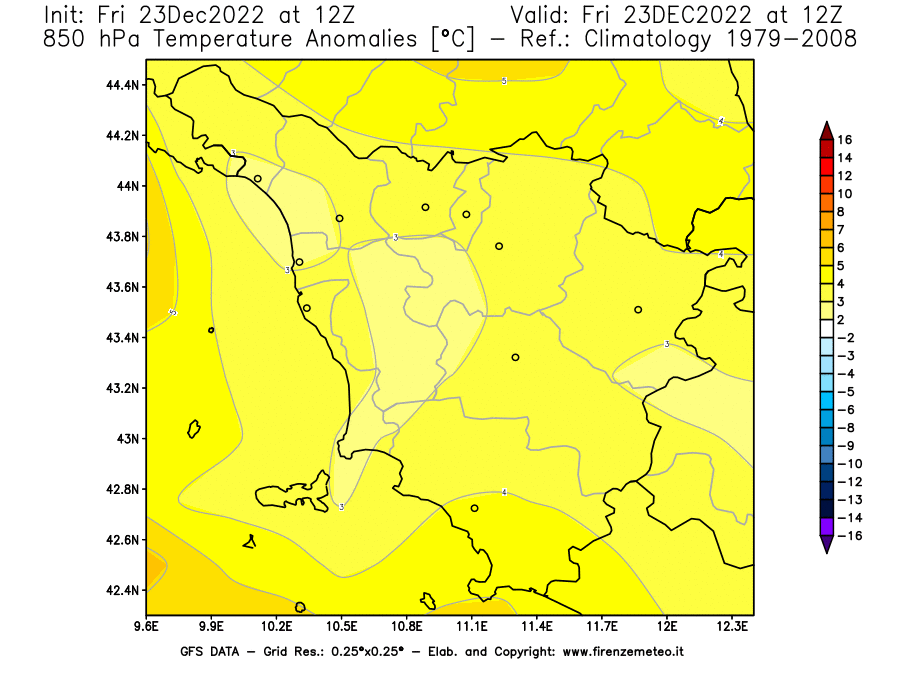 Mappa di analisi GFS - Anomalia Temperatura a 850 hPa in Toscana
							del 23 dicembre 2022 z12
