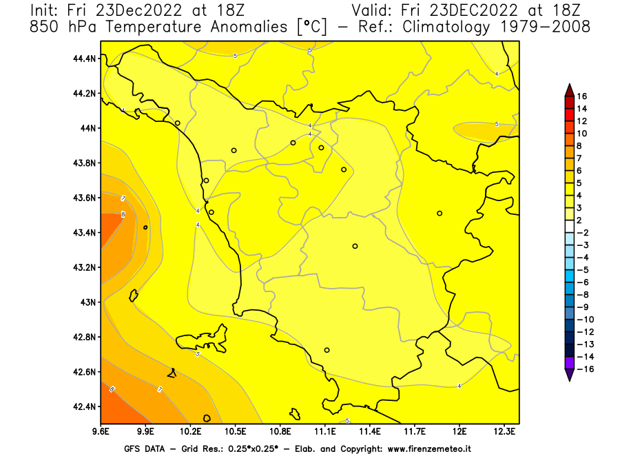 Mappa di analisi GFS - Anomalia Temperatura a 850 hPa in Toscana
							del 23 dicembre 2022 z18