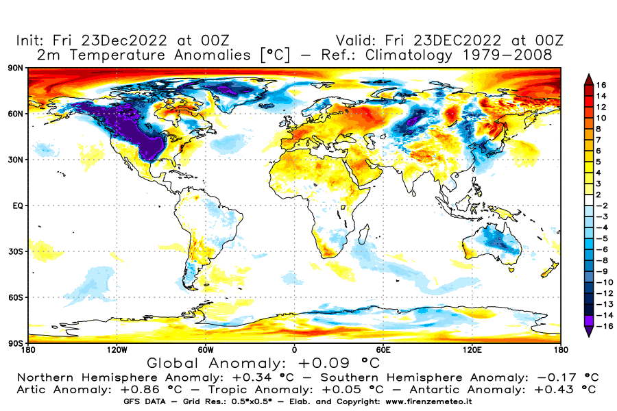 Mappa di analisi GFS - Anomalia Temperatura a 2 m in World
							del 23 dicembre 2022 z00