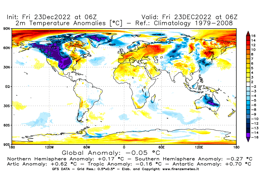 Mappa di analisi GFS - Anomalia Temperatura a 2 m in World
							del 23 dicembre 2022 z06