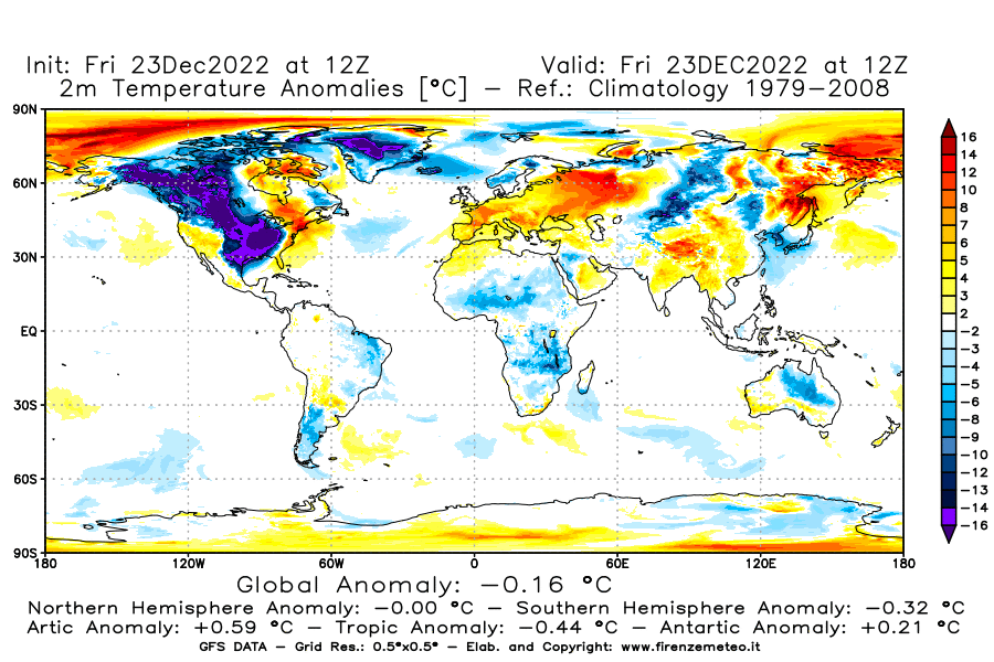 Mappa di analisi GFS - Anomalia Temperatura a 2 m in World
							del 23 dicembre 2022 z12