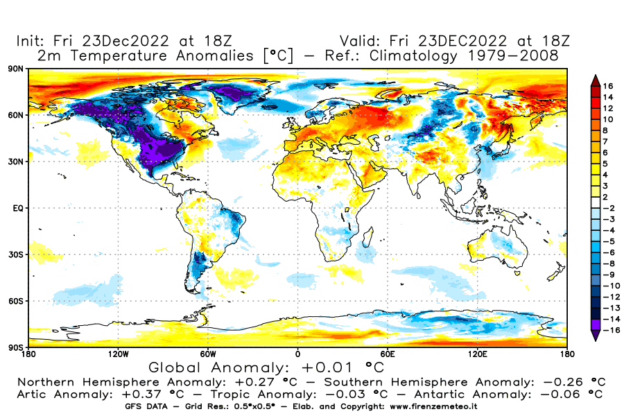 Mappa di analisi GFS - Anomalia Temperatura a 2 m in World
							del 23 dicembre 2022 z18