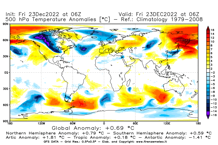 Mappa di analisi GFS - Anomalia Temperatura a 500 hPa in World
							del 23 dicembre 2022 z06
