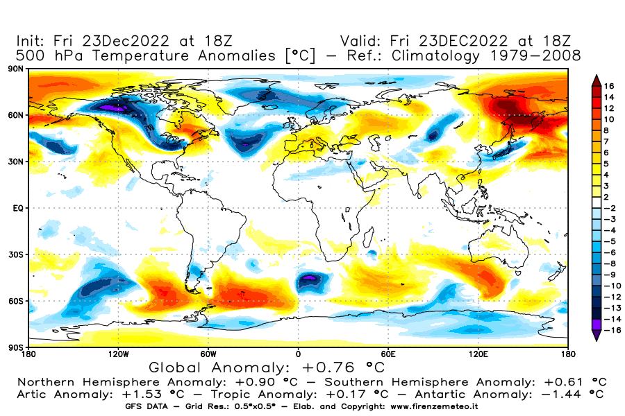 Mappa di analisi GFS - Anomalia Temperatura a 500 hPa in World
							del 23 dicembre 2022 z18