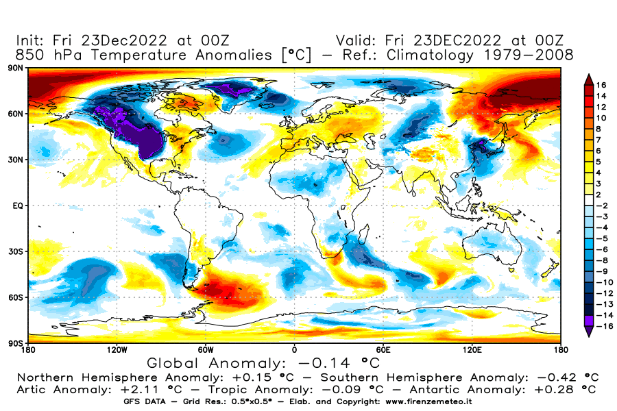 Mappa di analisi GFS - Anomalia Temperatura a 850 hPa in World
							del 23 dicembre 2022 z00