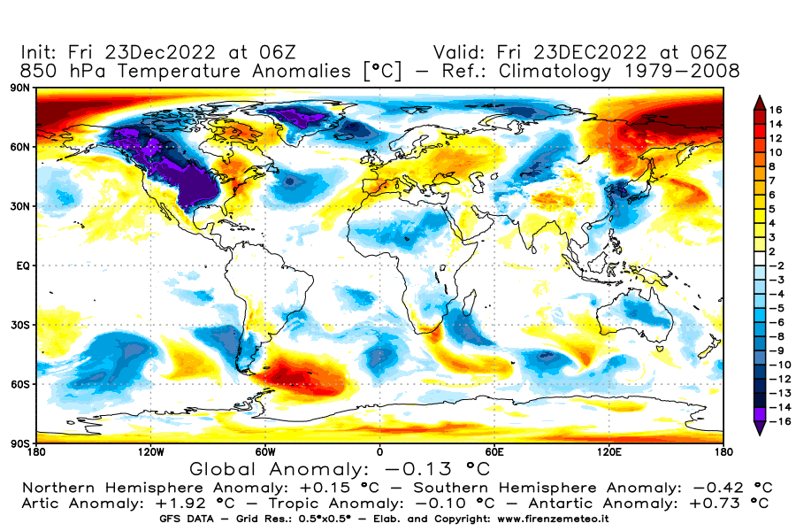 Mappa di analisi GFS - Anomalia Temperatura a 850 hPa in World
							del 23 dicembre 2022 z06