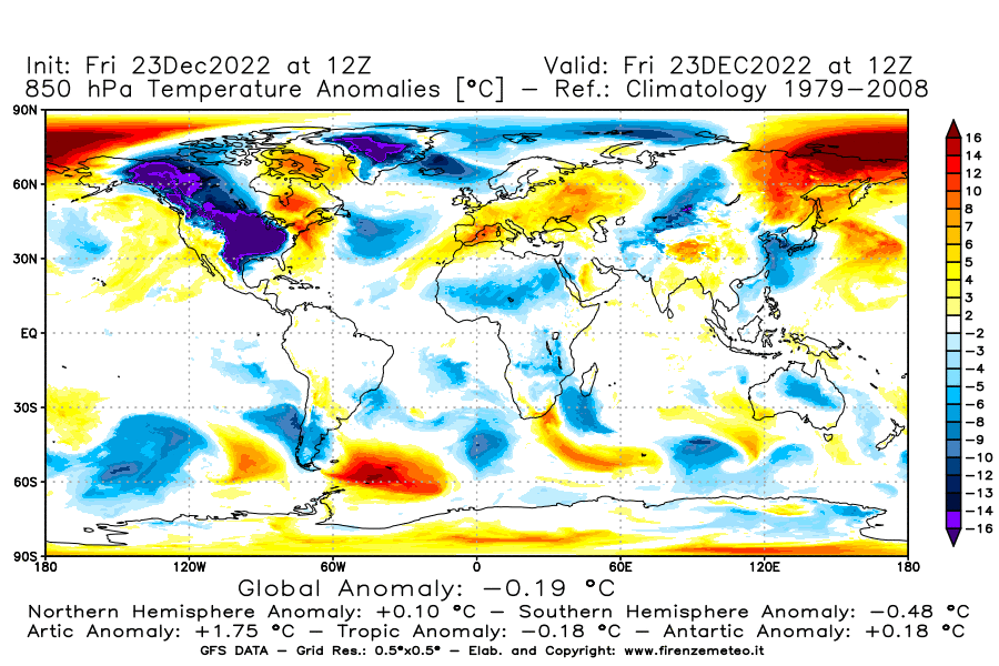 Mappa di analisi GFS - Anomalia Temperatura a 850 hPa in World
							del 23 dicembre 2022 z12