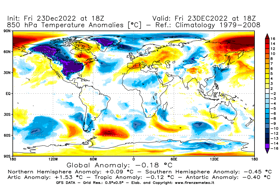 Mappa di analisi GFS - Anomalia Temperatura [°C] a 850 hPa in World
							del 23/12/2022 18 <!--googleoff: index-->UTC<!--googleon: index-->