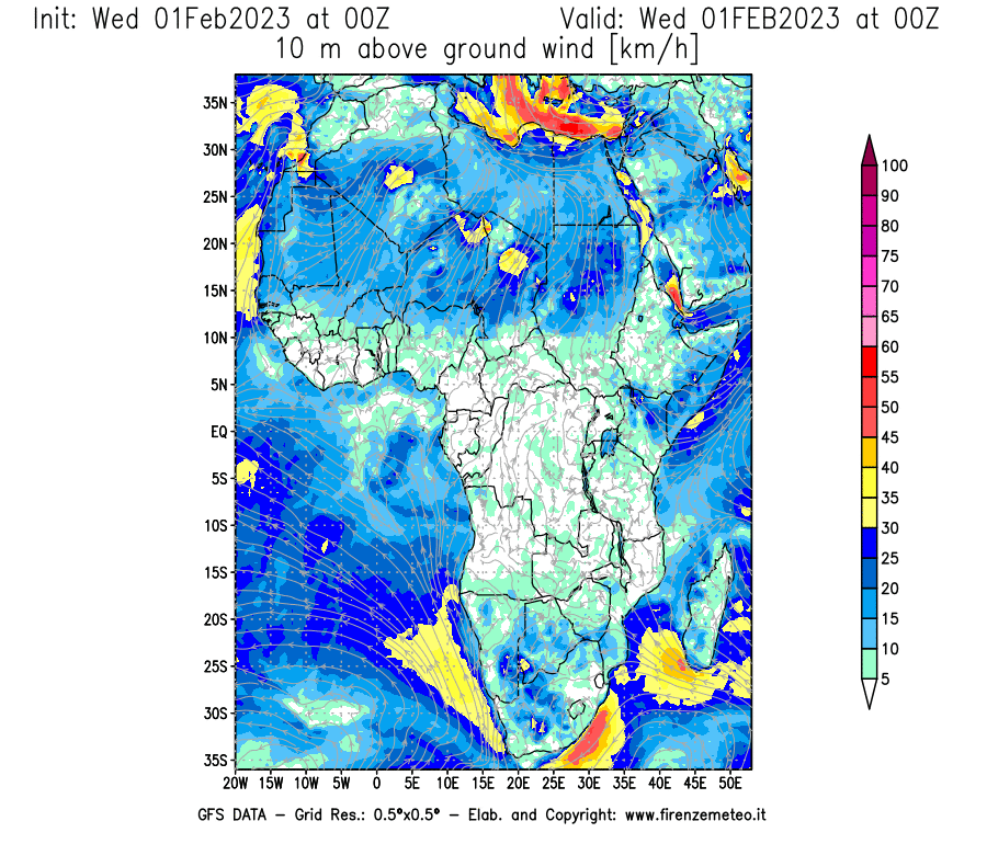 Mappa di analisi GFS - Velocità del vento a 10 metri dal suolo [km/h] in Africa
							del 01/02/2023 00 <!--googleoff: index-->UTC<!--googleon: index-->