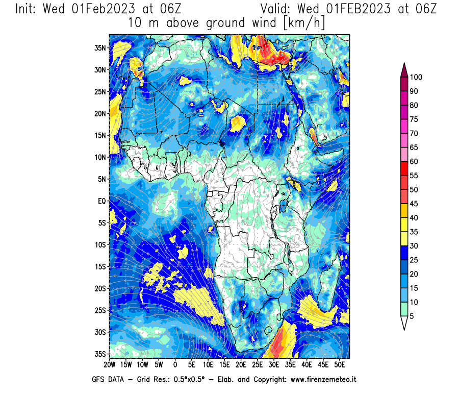 Mappa di analisi GFS - Velocità del vento a 10 metri dal suolo [km/h] in Africa
							del 01/02/2023 06 <!--googleoff: index-->UTC<!--googleon: index-->