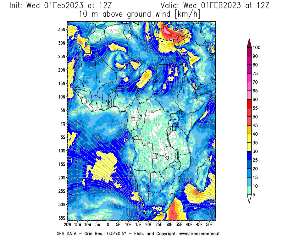 Mappa di analisi GFS - Velocità del vento a 10 metri dal suolo [km/h] in Africa
							del 01/02/2023 12 <!--googleoff: index-->UTC<!--googleon: index-->