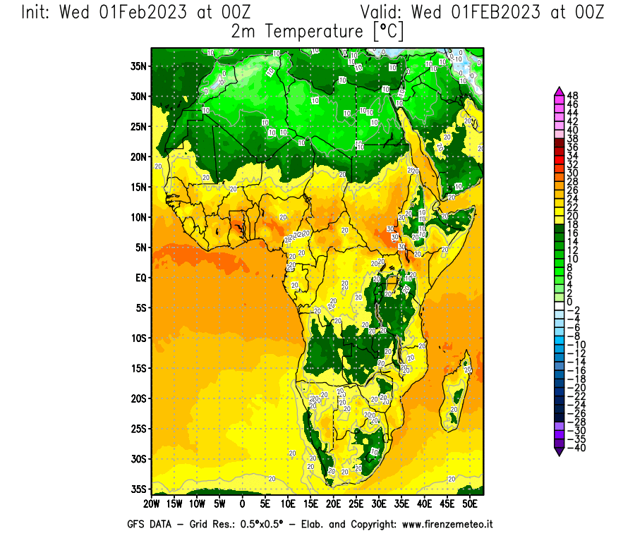 Mappa di analisi GFS - Temperatura a 2 metri dal suolo [°C] in Africa
							del 01/02/2023 00 <!--googleoff: index-->UTC<!--googleon: index-->
