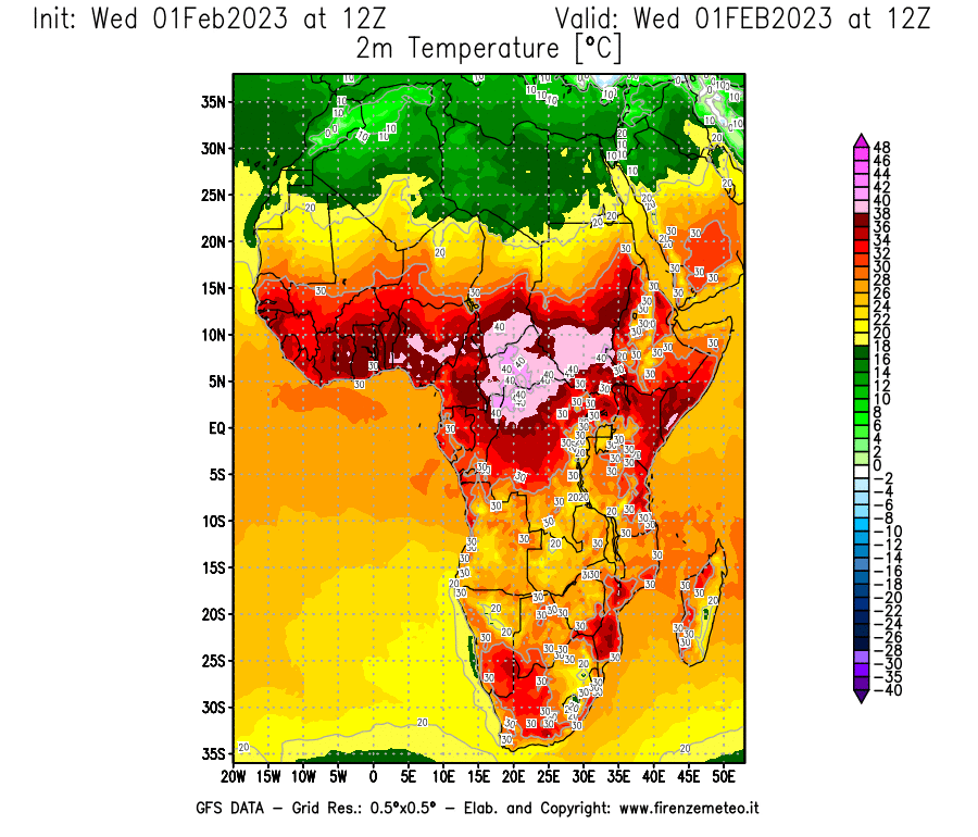 Mappa di analisi GFS - Temperatura a 2 metri dal suolo [°C] in Africa
							del 01/02/2023 12 <!--googleoff: index-->UTC<!--googleon: index-->
