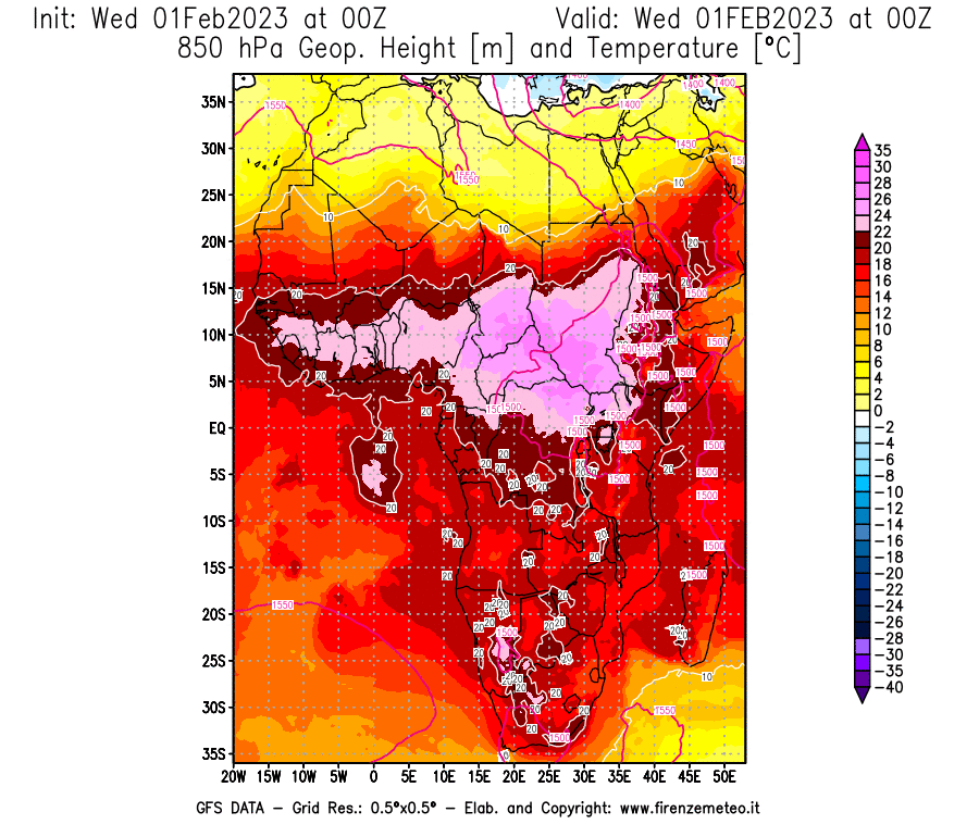 Mappa di analisi GFS - Geopotenziale [m] e Temperatura [°C] a 850 hPa in Africa
							del 01/02/2023 00 <!--googleoff: index-->UTC<!--googleon: index-->