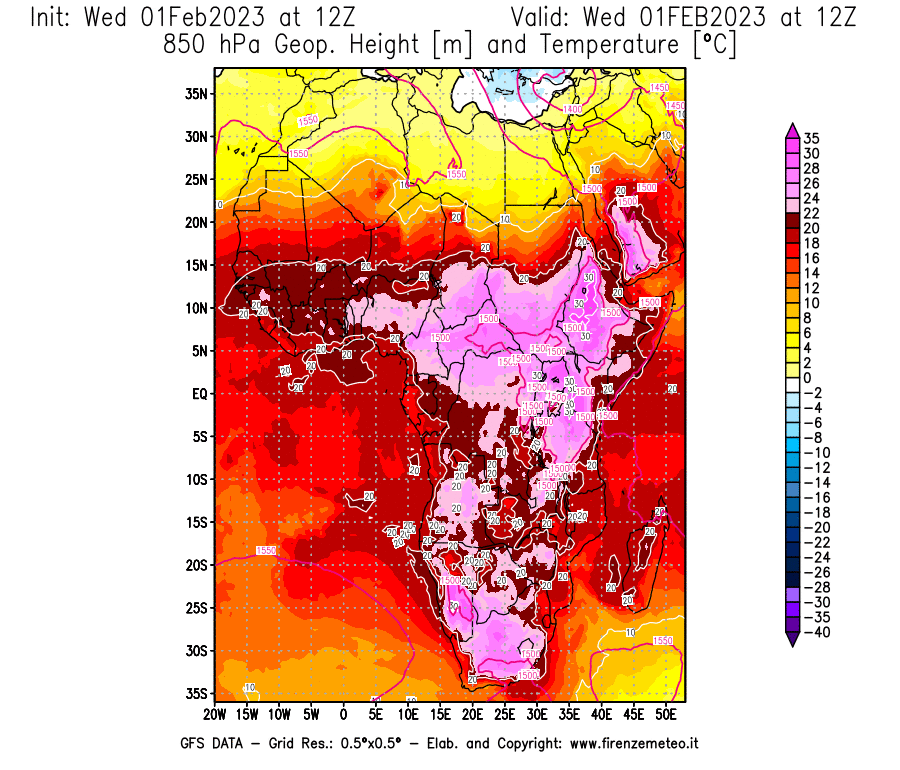 Mappa di analisi GFS - Geopotenziale [m] e Temperatura [°C] a 850 hPa in Africa
							del 01/02/2023 12 <!--googleoff: index-->UTC<!--googleon: index-->