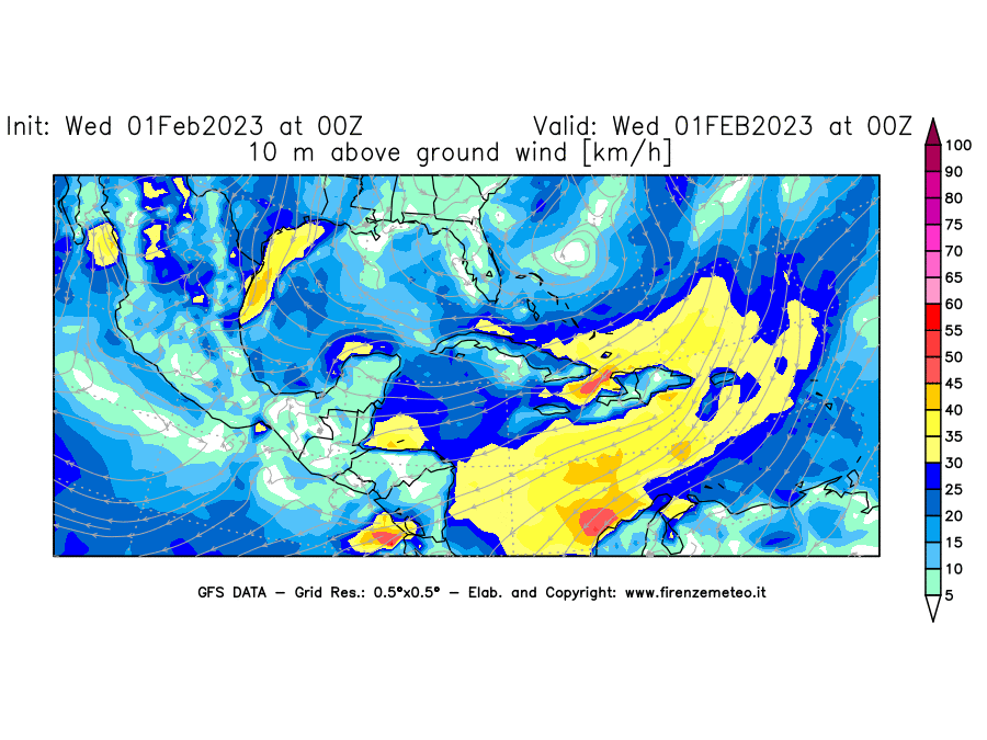 Mappa di analisi GFS - Velocità del vento a 10 metri dal suolo [km/h] in Centro-America
							del 01/02/2023 00 <!--googleoff: index-->UTC<!--googleon: index-->