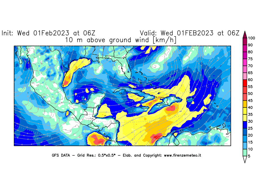 Mappa di analisi GFS - Velocità del vento a 10 metri dal suolo [km/h] in Centro-America
							del 01/02/2023 06 <!--googleoff: index-->UTC<!--googleon: index-->
