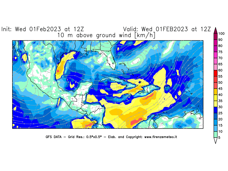 Mappa di analisi GFS - Velocità del vento a 10 metri dal suolo [km/h] in Centro-America
							del 01/02/2023 12 <!--googleoff: index-->UTC<!--googleon: index-->