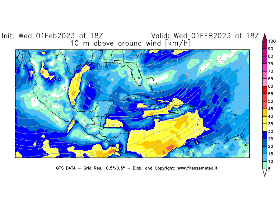 Mappa di analisi GFS - Velocità del vento a 10 metri dal suolo [km/h] in Centro-America
							del 01/02/2023 18 <!--googleoff: index-->UTC<!--googleon: index-->