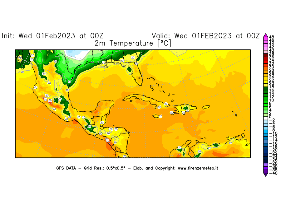 Mappa di analisi GFS - Temperatura a 2 metri dal suolo [°C] in Centro-America
							del 01/02/2023 00 <!--googleoff: index-->UTC<!--googleon: index-->