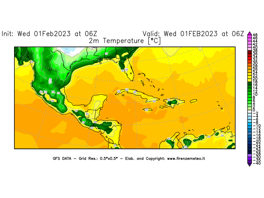 Mappa di analisi GFS - Temperatura a 2 metri dal suolo [°C] in Centro-America
							del 01/02/2023 06 <!--googleoff: index-->UTC<!--googleon: index-->