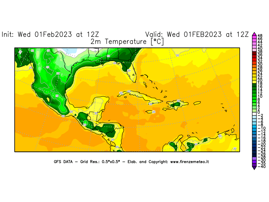 Mappa di analisi GFS - Temperatura a 2 metri dal suolo [°C] in Centro-America
							del 01/02/2023 12 <!--googleoff: index-->UTC<!--googleon: index-->
